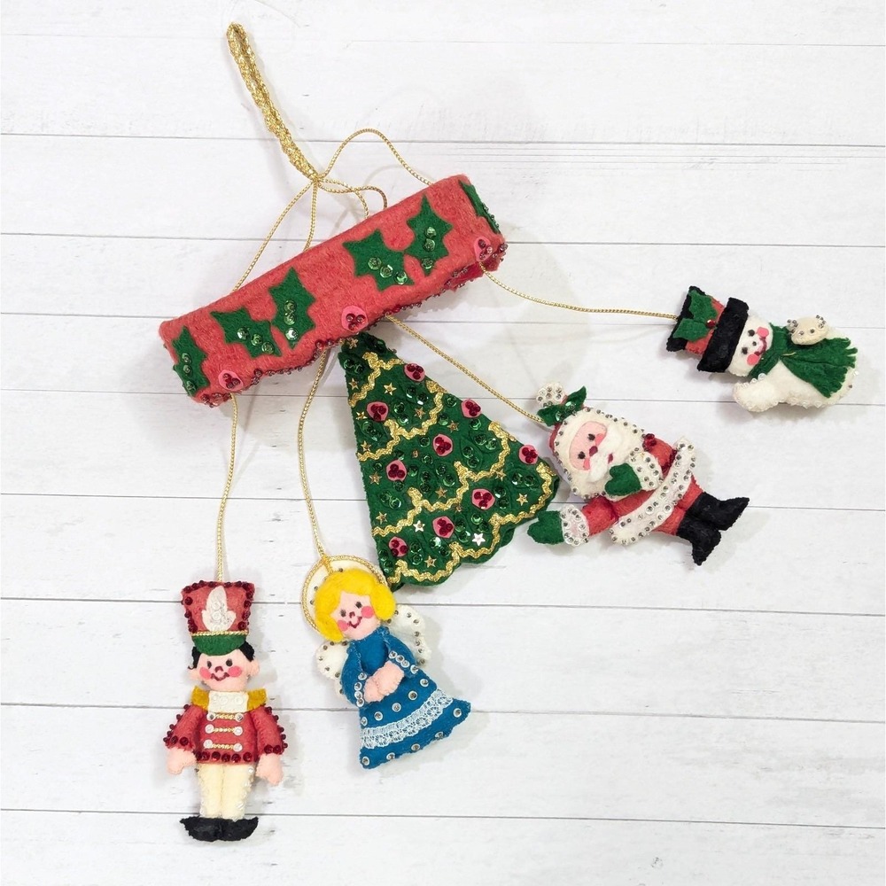 Vintage Bucilla Christmas Felt Mobile Santa Angel Snowman Sequins Handmade 3416